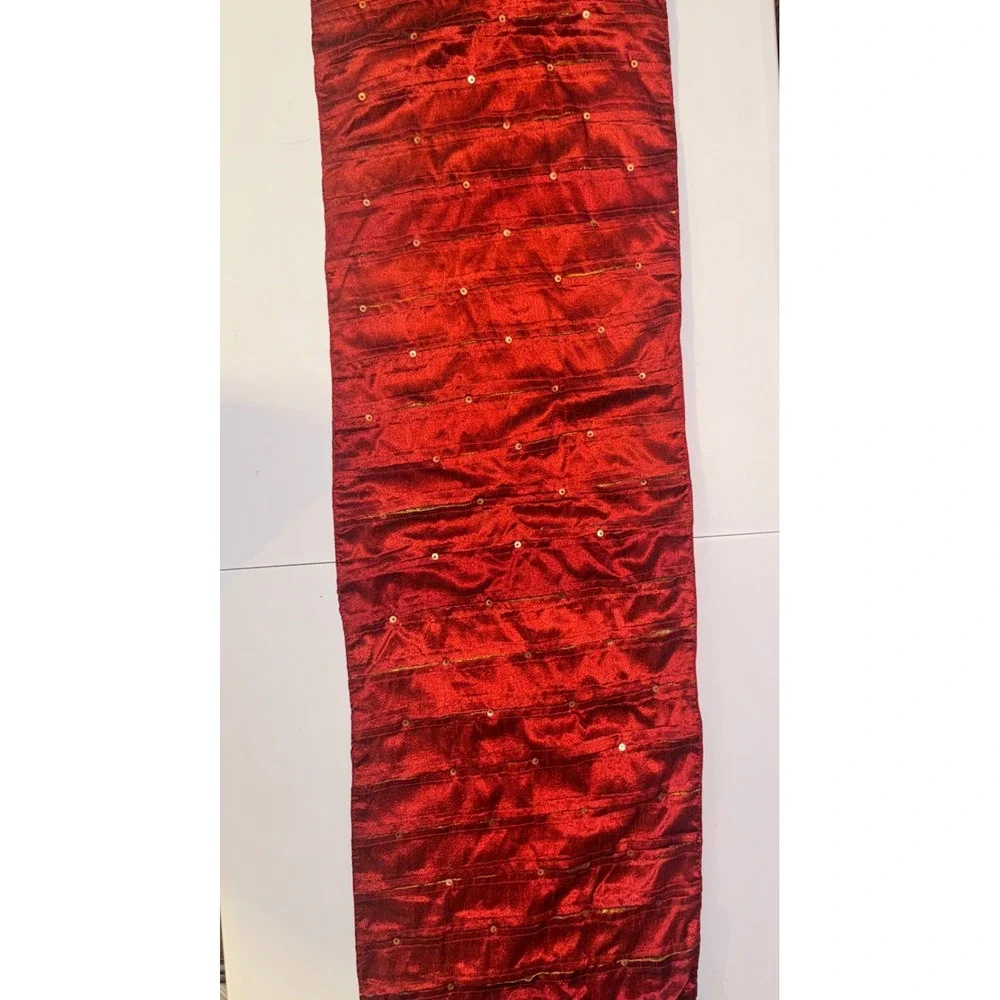 Pintuck Sequin Table Runner Red Gold 14x72 Holiday Glam Decor Peak a Boo Silk